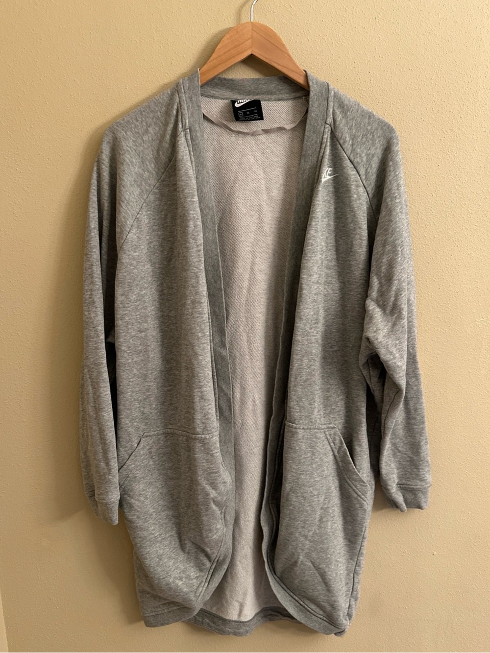 Nike Sportswear Womens Open Front Long Grey Cardigan Sweater Logo Pockets XL